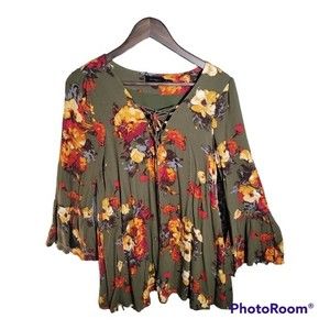 Blu Pepper Womens Green Floral Tunic Top Peasant Blouse 3/4 Bell Sleeve Sz Med